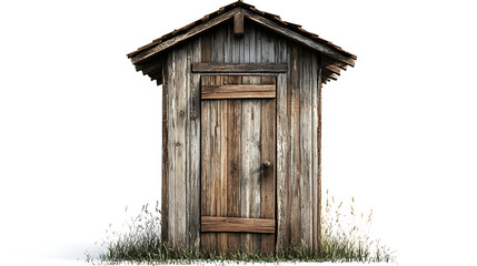 One single old rustic wooden outhouse isolated on white background