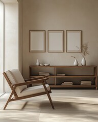 Minimalist Living Room Interior Design with Wooden Chair and Bookshelf