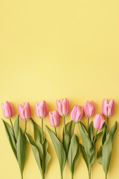 Fototapeta Composition of spring flowers, Pink tulips on yellow background. Easter, Valentine's Day, Women's Day, Mother's Day postcard. Flat lay, top view, copy space, place for text. Vertical