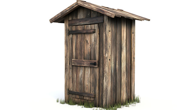 One single old rustic wooden outhouse isolated on white background