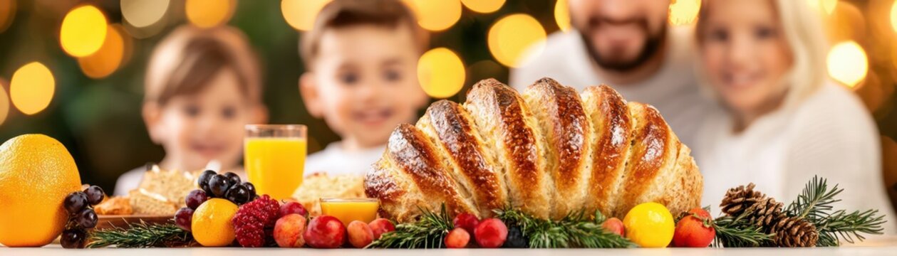 family enjoys delightful breakfast tog er, featuring fresh fruits, pastries, and juice, creating warm and joyful atmosphere