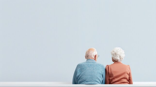 Back view of an elderly couple sitting on a bench against a light blue background, minimalistic composition, senior love and companionship concept, retirement and peaceful lifestyle theme