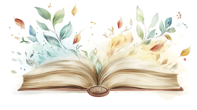 Open book clipart with pages fluttering in the breeze, , watercolor illustration, perfect for nursery art, simple clipart, single object, white color background