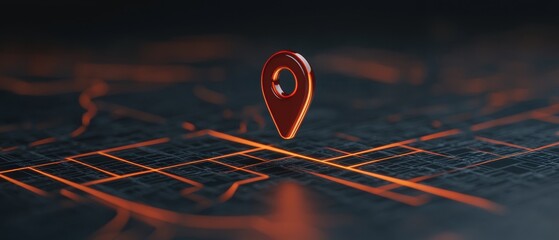 Close-up of a map with a red pin in the center. the map is in the shape of a circle with a small hole in the middle.