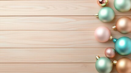 Obraz premium Retro Christmas ornaments in pastel colors, scattered on an aged wooden surface.