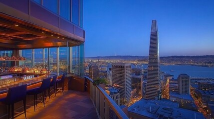 Modern City Bar View at Sunset with Skyscrapers and Lights