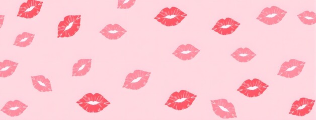 Pattern of red and pink lipstick kisses on light pink background