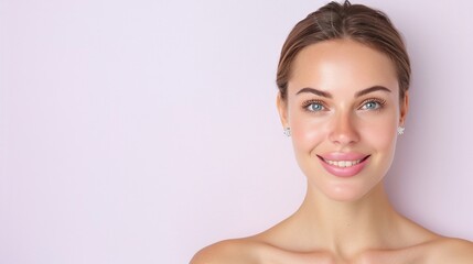 Portrait of a smiling woman with clear skin, minimalistic and natural beauty concept, isolated on a light pink background with copy space for text, vibrant and fresh skincare photography showcasing he