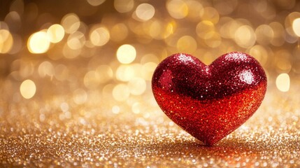 Fototapeta premium Glittering Red Heart on Gold Shimmering Background