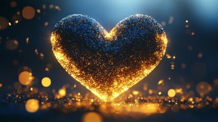 Fototapeta premium A Glittering Golden Heart Illuminated In Darkness