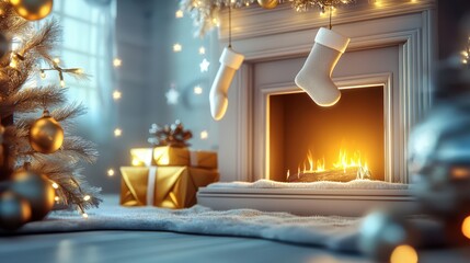 Obraz premium Vintage Christmas fireplace with hanging stockings, surrounded by old-style holiday decorations.