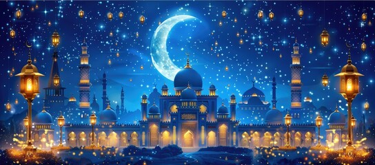 Obraz premium A serene night scene featuring a mosque, crescent moon, and glowing lanterns.