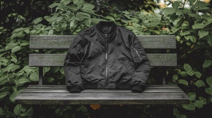 Black Casual Jacket Displayed on Wooden Bench Surrounded by Greenery