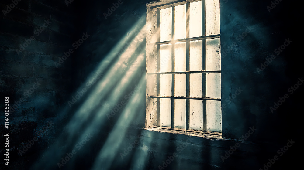 Poster Sunlight rays streaming through a prison window, illuminating a dimly lit cell and highlighting the sense of isolation
