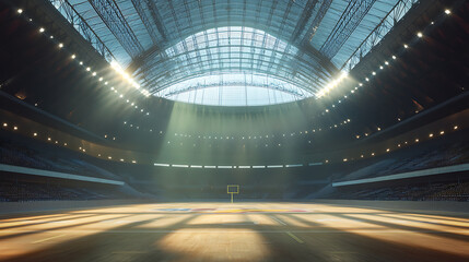 Sunlit indoor dome stadium dedicated to american football