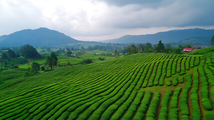 Tea field green plantation agriculture background top leaf farm landscape pattern drone, organic field mountain green plant tea table view wooden product aerial display farmer