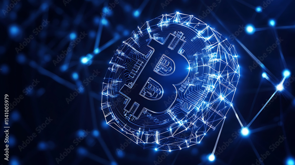 Leinwandbilder blockchain technology futuristic hud background features a globe and a blockchain polygon peer to pe