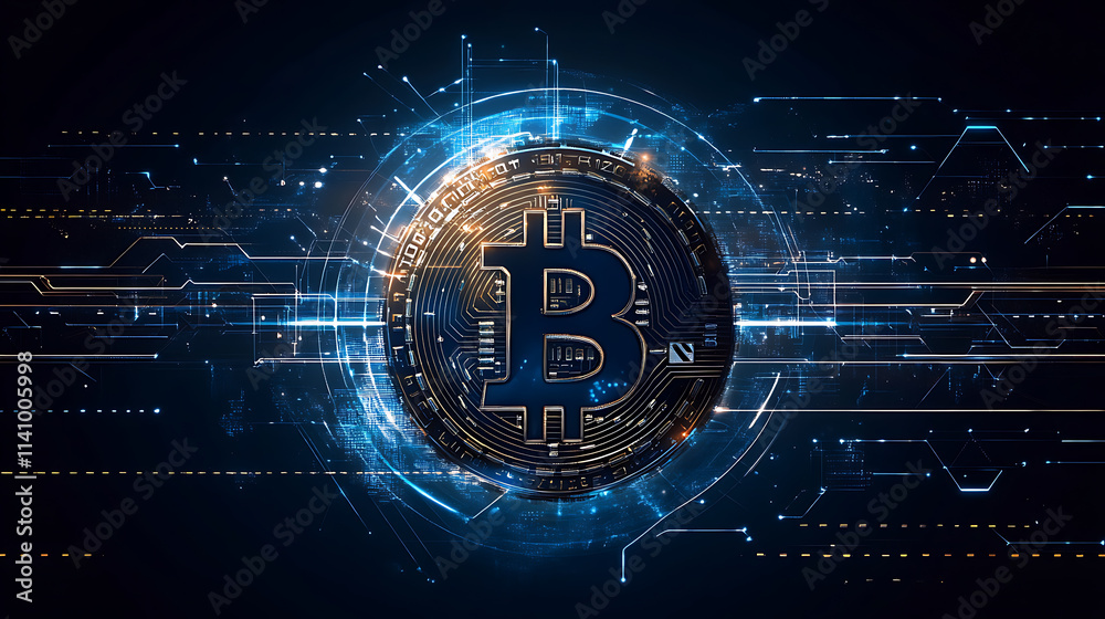 Poster blockchain technology futuristic hud background features a globe and a blockchain polygon peer to pe