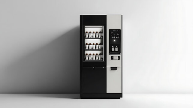 mockup shows a black and white coffee vending machine from the side