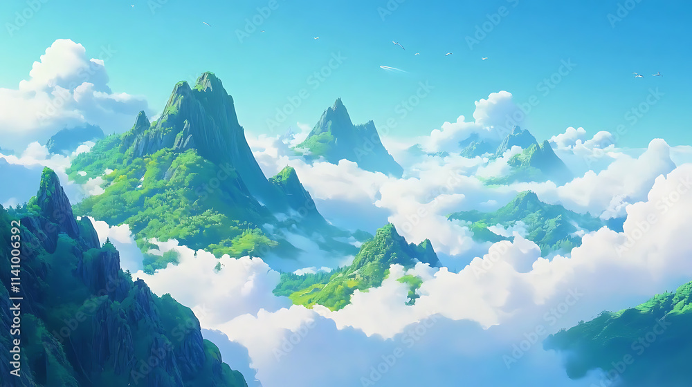 Poster sky is blue, it takes up most of the layout, and the peaks of the mountains are visible below