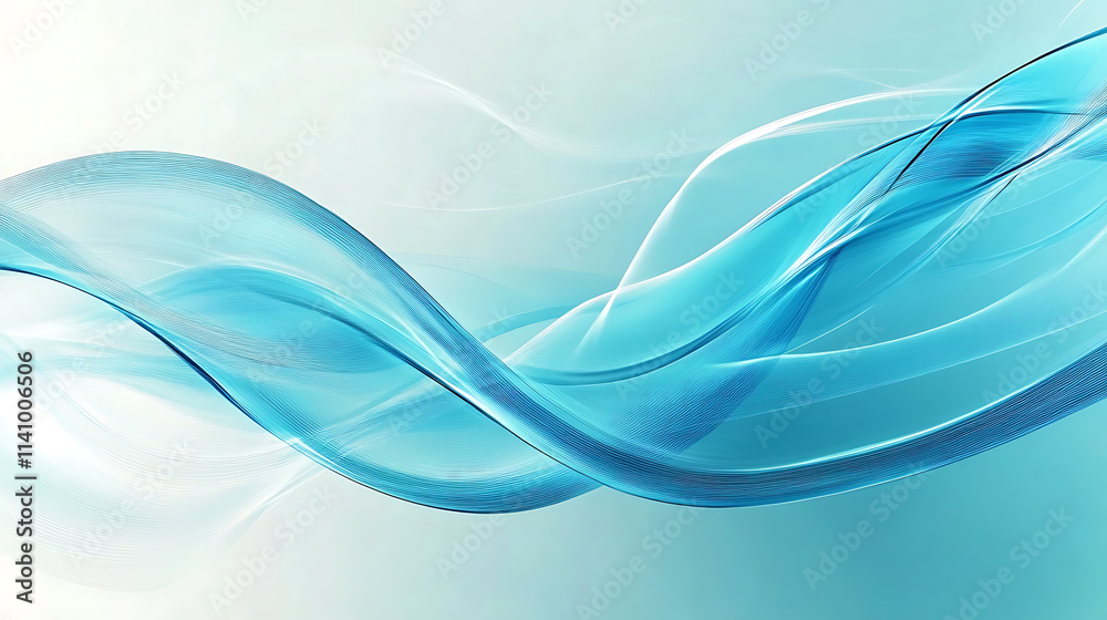 Poster abstract image features a holographic glass morphism design with flowing, wavy shapes in vivid turqu