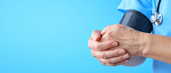 nurse hands clasped tog er, wearing st oscope, against blue background. image conveys sense of care and professionalism