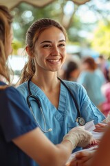 Smiling healthcare worker assists at community outreach event providing support to locals during a sunny day. Generative AI