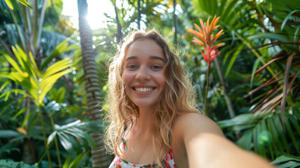 girl in a tropical jungle taking a selfie