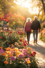 Fototapeta premium Elderly couple walks hand in hand through a vibrant garden filled with colorful flowers during sunset. Generative AI