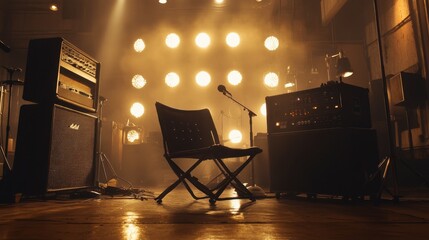 Empty Chair in a Music Studio Surrounded by Stage Lights and Equipment