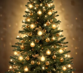 Soft focus Christmas tree, shimmering gold bokeh, focus, lights