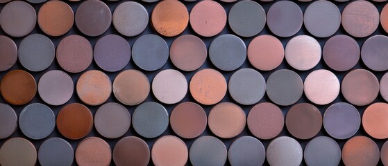 Close-up of a large number of circular objects arranged in a grid-like pattern. the objects are of different sizes and colors, including shades of brown, grey, and orange.