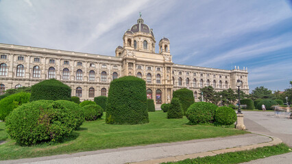 Beautiful view of famous Naturhistorisches Museum timelapse hyperlapse with park and sculpture in Vienna, Austria