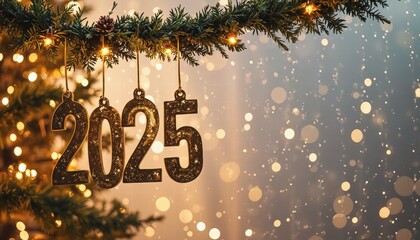  A Golden Number 2025 Hanging From A Festive Garland Against A Softly Lit Background