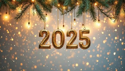  A Golden Number 2025 Hanging From A Festive Garland Against A Softly Lit Background