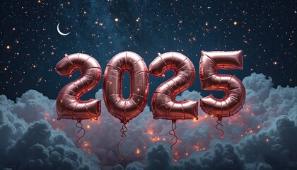 A Set Of Metallic Balloons Forming “2025” Floating Against A Starry Night Sky
