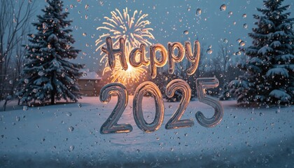 A Snow-Covered Landscape With Fireworks In The Distance And “Happy 2025” Written In Frost On A Windowpane
