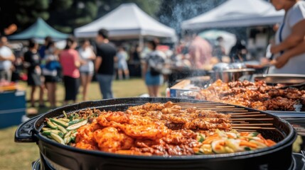 Obraz premium Outdoor Food Festival with Grilled Meat and Fresh Vegetables