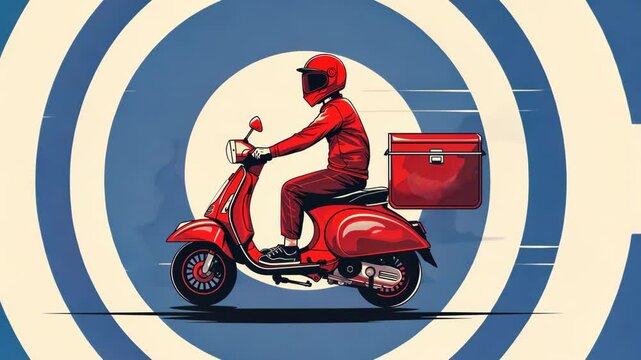 Cartoon delivery driver on a scooter with thermal box in a white circle on a red and blue background.