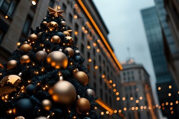 Obraz premium festive urban decor, a festive christmas tree stands tall in the bustling street, framed by sparkling city lights
