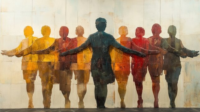 Colorful figures, central figure embraces others.