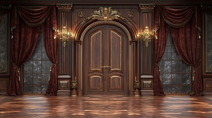 Obraz premium Grand ornate wooden double doors in a luxurious classical interior with dark wood paneling, rich red curtains, and marble accents.