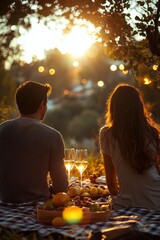 Couple enjoying a sunset picnic with wine and fruit under a serene sky filled with warm golden light. Generative AI