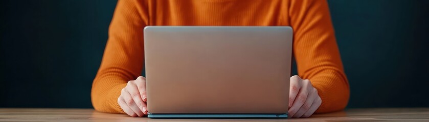 Naklejka premium young woman in orange sweater is focused on her laptop, working intently at wooden desk