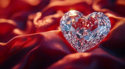 Fototapeta premium A Sparkling Diamond Heart Rests On Red Satin