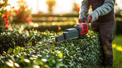 Gardener trimming hedge with battery powered hedge trimmer in garden during sunset