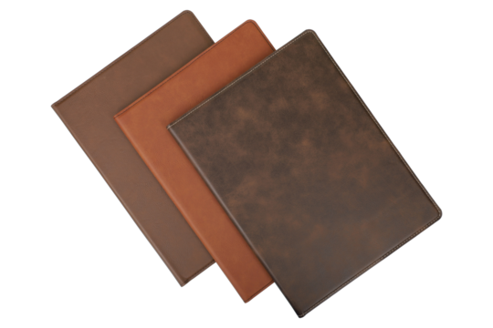 Colorful leather portfolio. flap portfolio view. isolated png background.