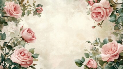 Delicate Pink Roses Frame Elegant Watercolor Painting