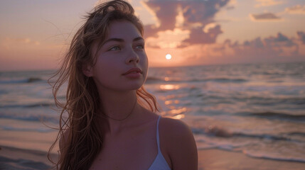 content creator girl on the beach at sunset