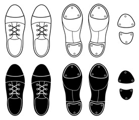 Dance Tap Shoes with Isolated Metal Taps Clipart Set, Top and Bottom with Outline and Silhouette on a Transparent Background